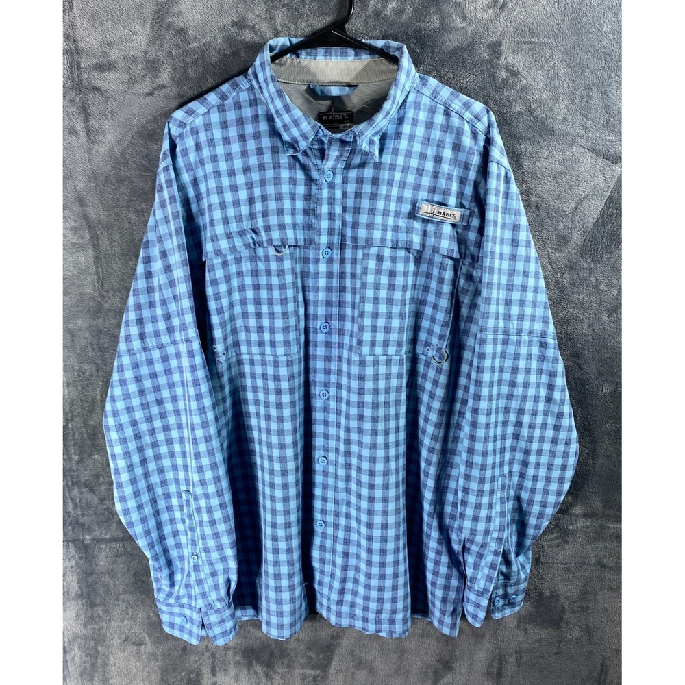 Habit Fishing Mens Shirt 3XL Blue Plaid Long Sleeve Vented Camping Outdoors UPF